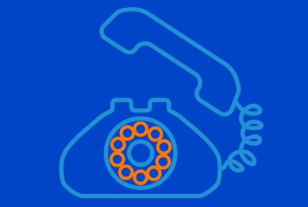 drawing of rotary telephone on field of blue
