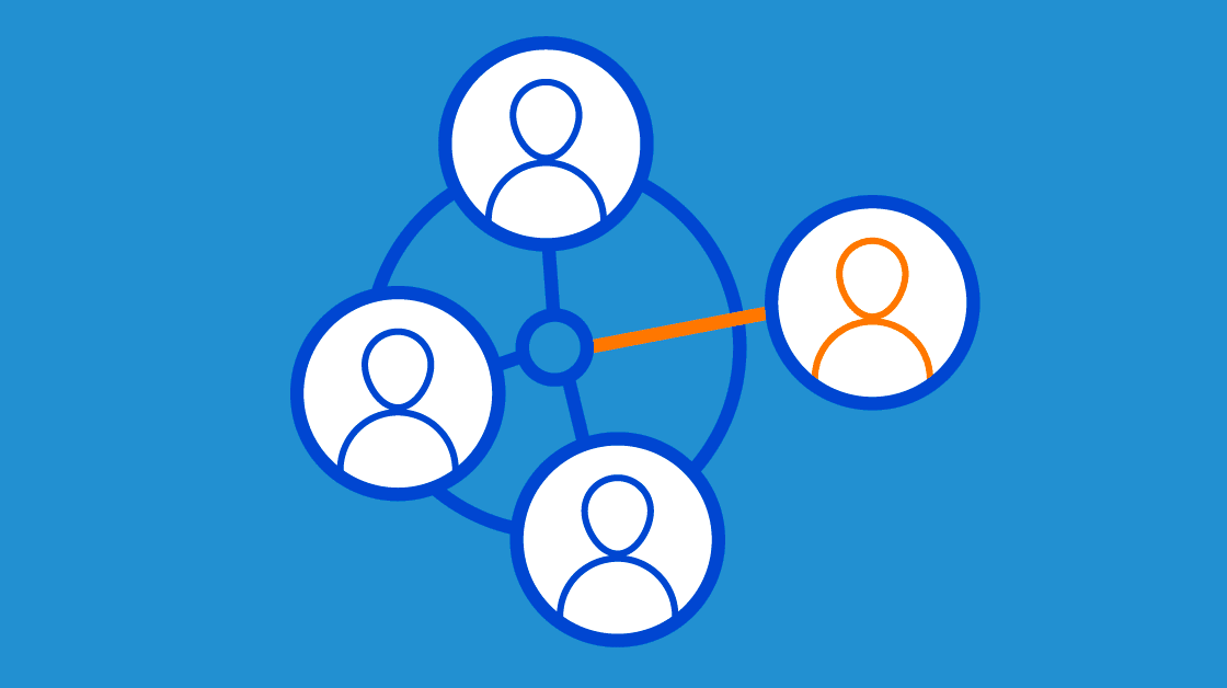 graphic of 4 human figures (represented by head and shoulders in a circle). Three employees are similarly blue, one is orange. All four are connected by intersecting lines.