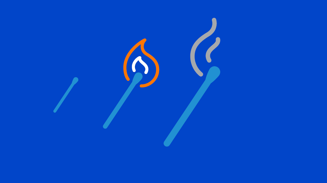 Graphical representation of three light blue matches in a row; the first has no flame, the second has flame, the third and rightmost has only smoke.
