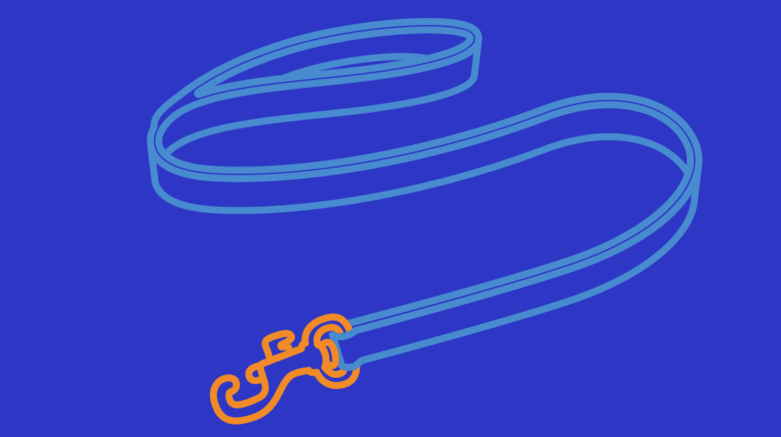 Line drawing of a dog's leash. Leash is light blue with an orange clasp. Background is dark blue.