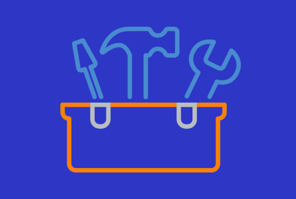 drawing of a toolkit to represent the essential skills for thriving. It is a line drawing depicting a hammer, wrench, and screwdriver standing in a shallow bucket.