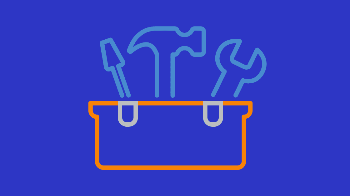drawing of a toolkit to represent the essential skills for thriving. It is a line drawing depicting a hammer, wrench, and screwdriver standing in a shallow bucket.