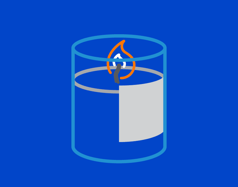 Graphic image of a jar-candle. Blue background with light blue, orange, and gray graphics.
