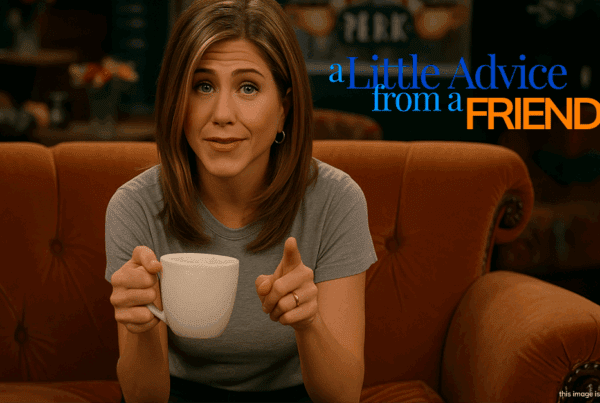 AI-generated image of a woman sitting on a couch holding a cup of coffee. The woman looks like Rachel from TV's "Friends"