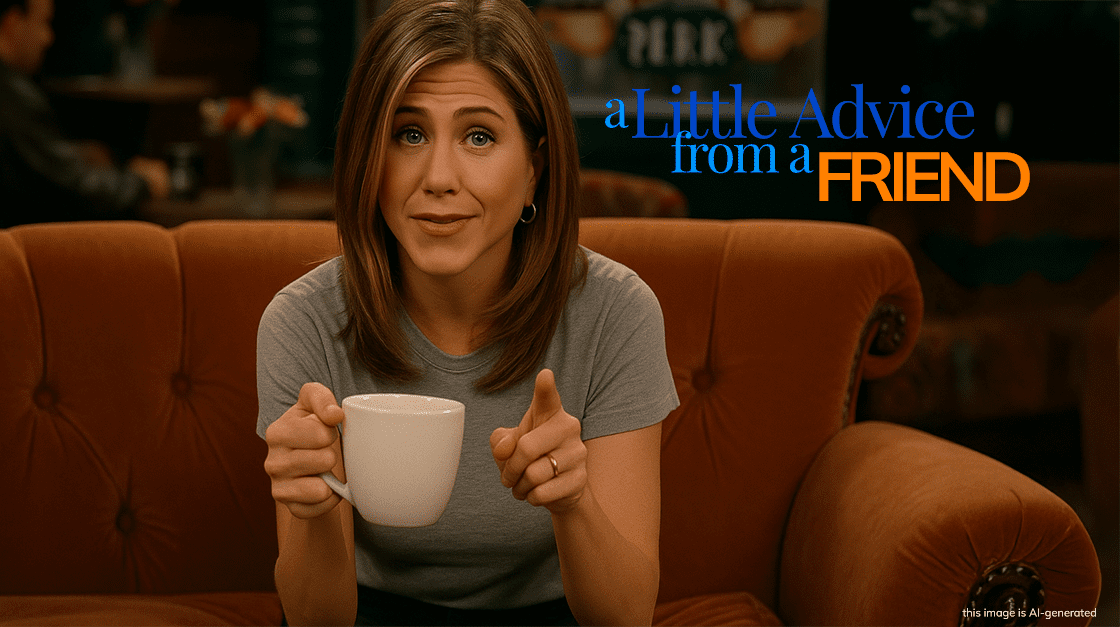 AI-generated image of a woman sitting on a couch holding a cup of coffee. The woman looks like Rachel from TV's "Friends"