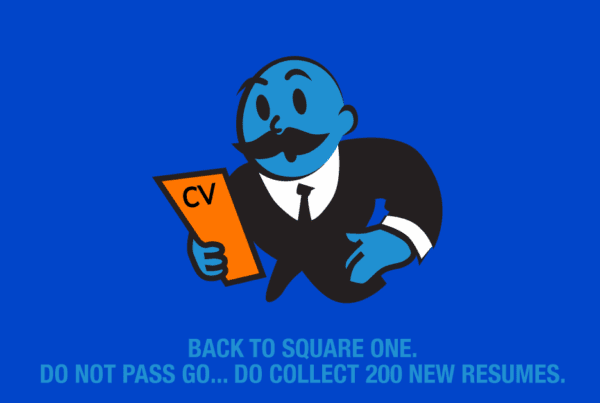 Cartoon man holds "CV" paper while looking shocked