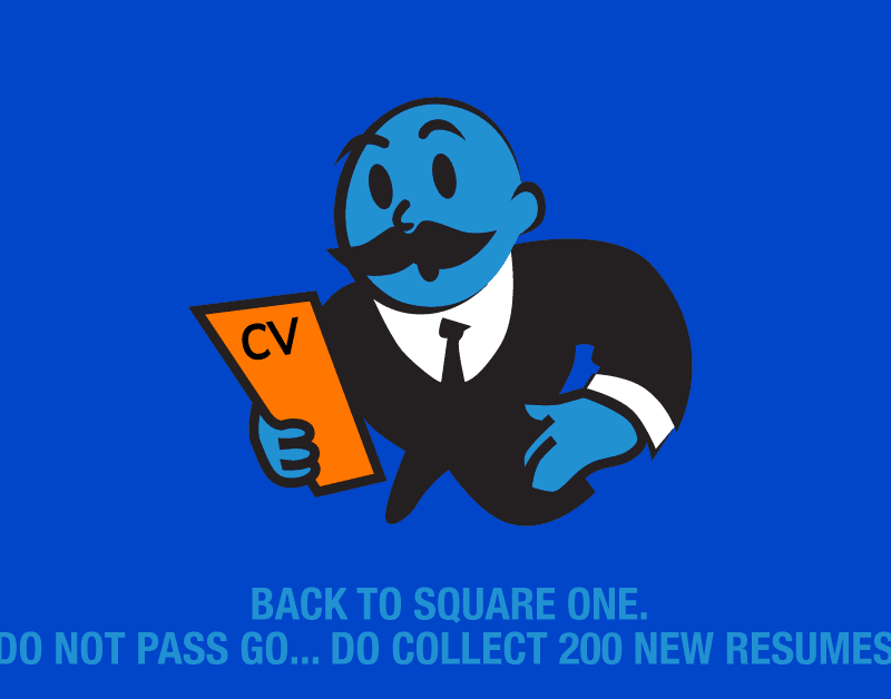 Cartoon man holds "CV" paper while looking shocked