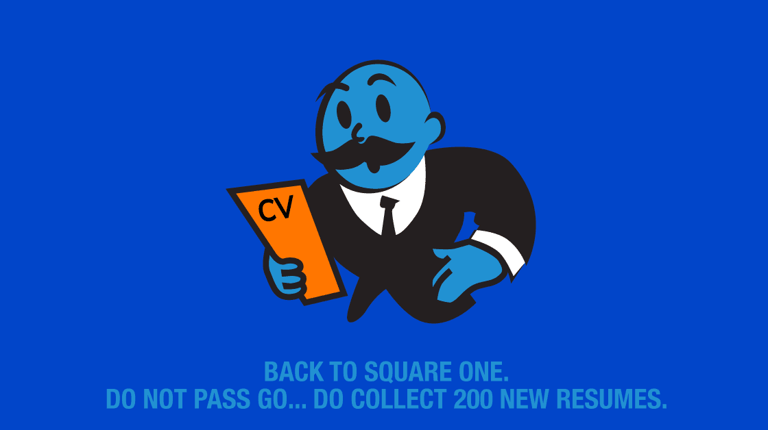 Cartoon man holds "CV" paper while looking shocked