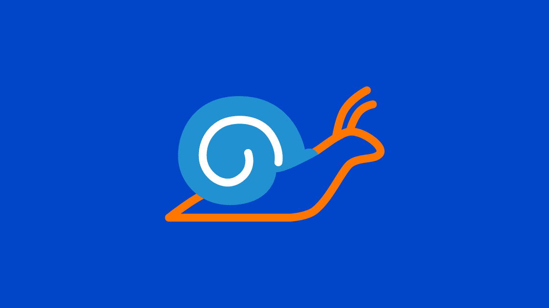 graphic depicting a snail. The background is dark blue, the snail is orange with a light blue shell. The image conveys the idea of an economic slowdown
