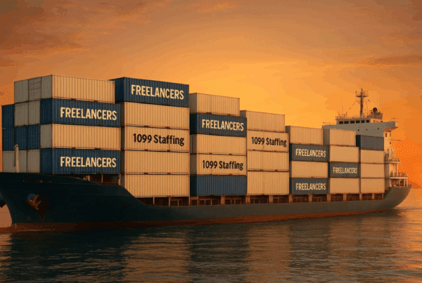 An AI-generated cargo ship carrying containers labeled "Freelancer" and "1099-Staffing"