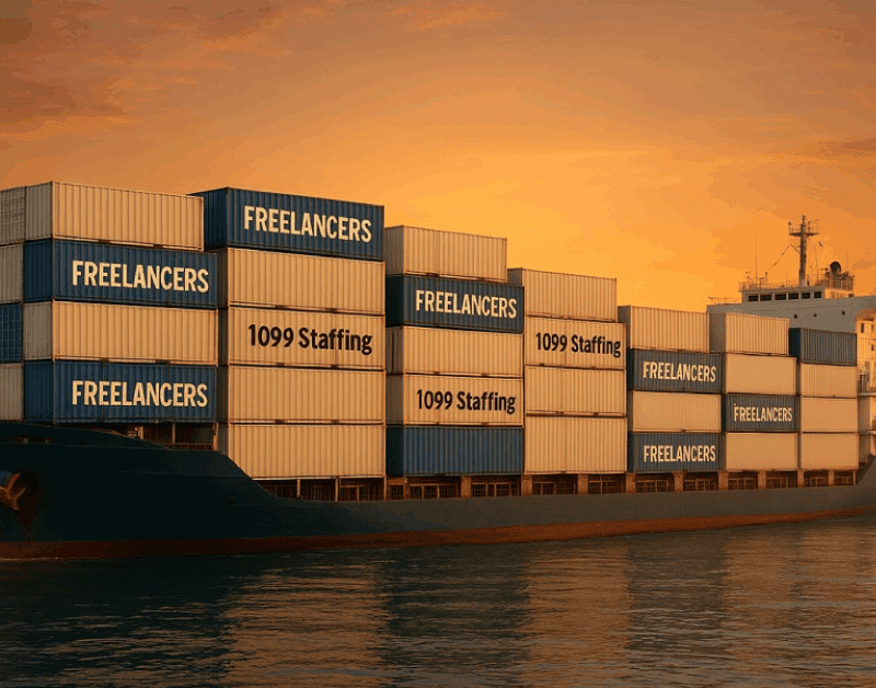 An AI-generated cargo ship carrying containers labeled "Freelancer" and "1099-Staffing"