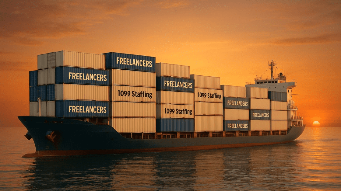 An AI-generated cargo ship carrying containers labeled "Freelancer" and "1099-Staffing"