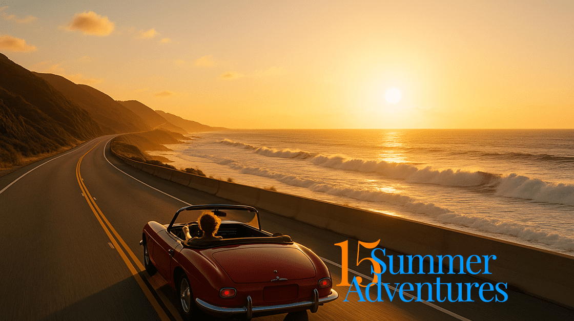 a red convertible speeds down a coastal highway with waves crashing in the distance.