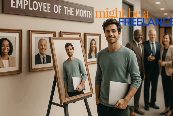 man stands in front of his own photograph along a wall of "Employee of the Month" photos. A group of other employees stand in the background.
