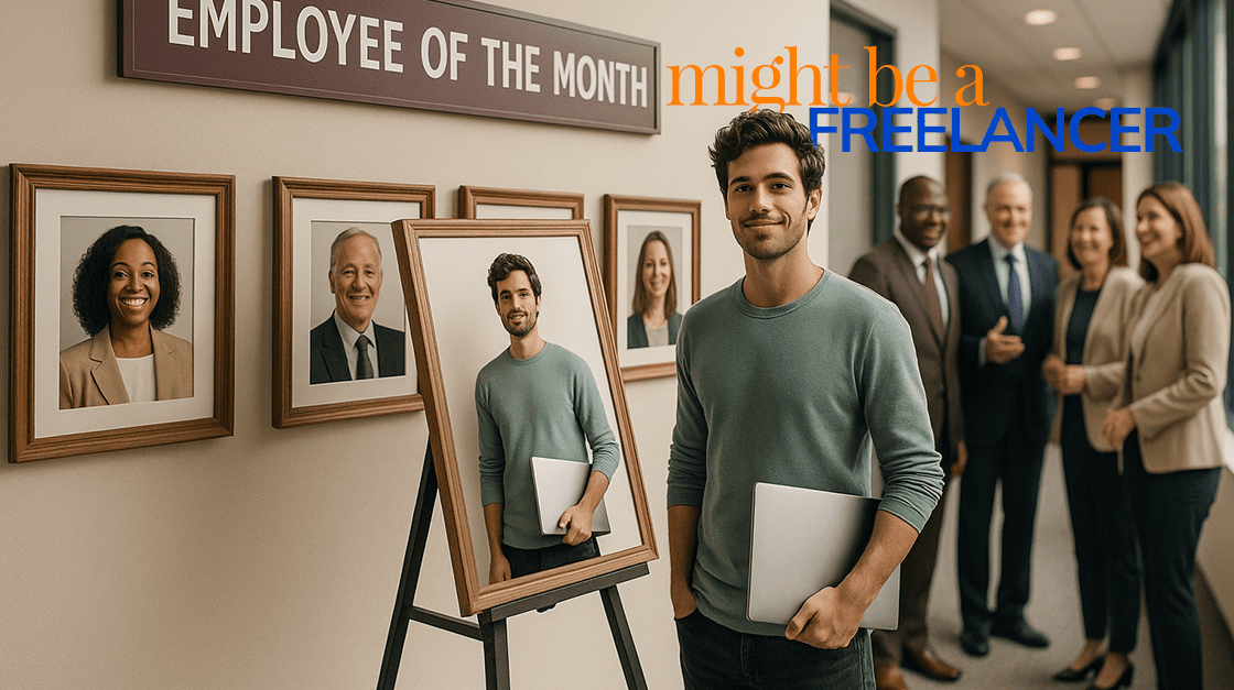 man stands in front of his own photograph along a wall of "Employee of the Month" photos. A group of other employees stand in the background.