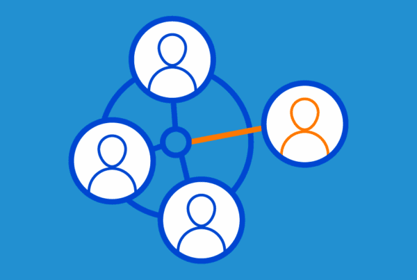 digital illustration showing icons representing employees as blue figures and a freelancer being added to the team as an orange figure