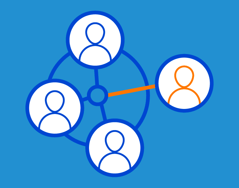 digital illustration showing icons representing employees as blue figures and a freelancer being added to the team as an orange figure