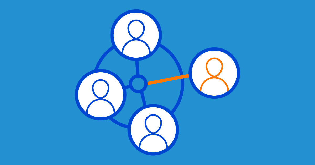 digital illustration showing icons representing employees as blue figures and a freelancer being added to the team as an orange figure