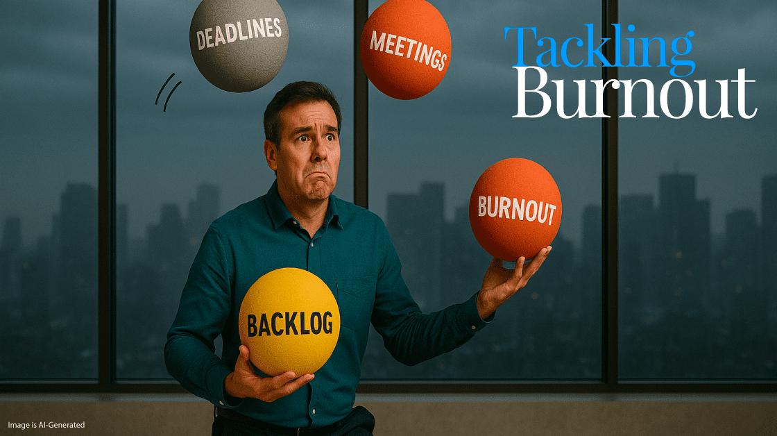 AI-generated image of man with dark hair and a dark green shirt juggling 4 balls. Each ball is labeled with a single word: Backlog, Deadlines, Meetings, and Burnout