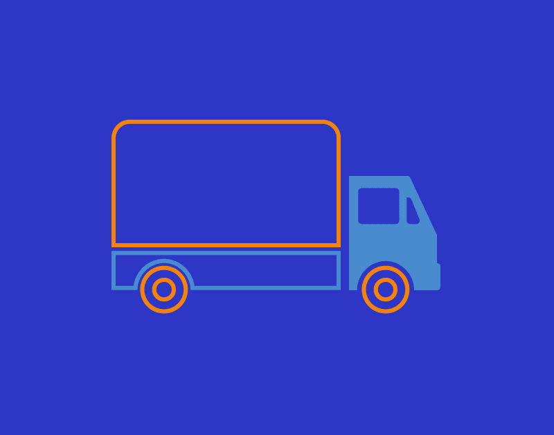 Illustration of moving van on dark blue background. Moving van is light blue and orange.