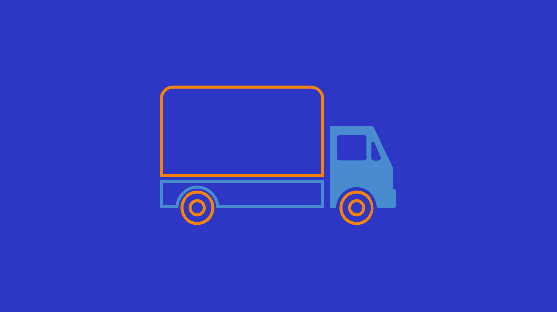 Illustration of moving van on dark blue background. Moving van is light blue and orange.