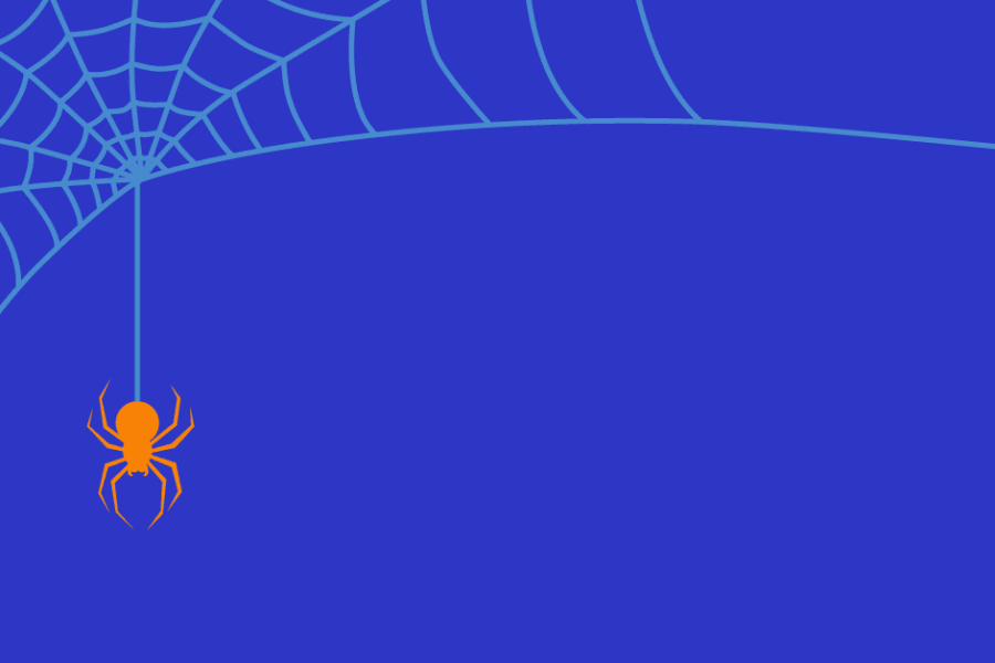 illustration of orange spider hanging from light blue web in upper left corner of image. Background of image is dark blue.