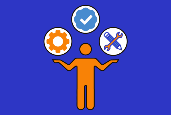image of a human juggling icons that represent skills. The figure is orange, the icons are an orange gear, blue check-mark, and orange and blue wrench and pencil.