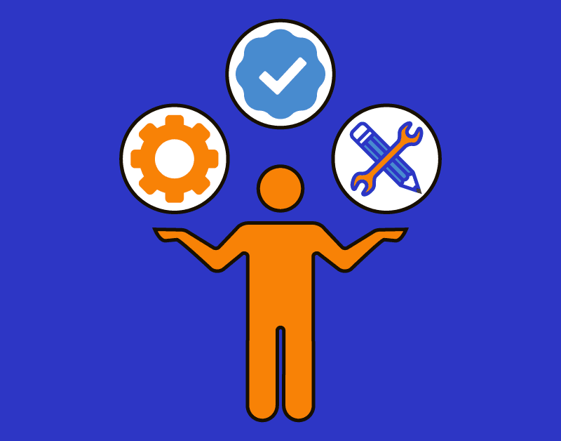 image of a human juggling icons that represent skills. The figure is orange, the icons are an orange gear, blue check-mark, and orange and blue wrench and pencil.