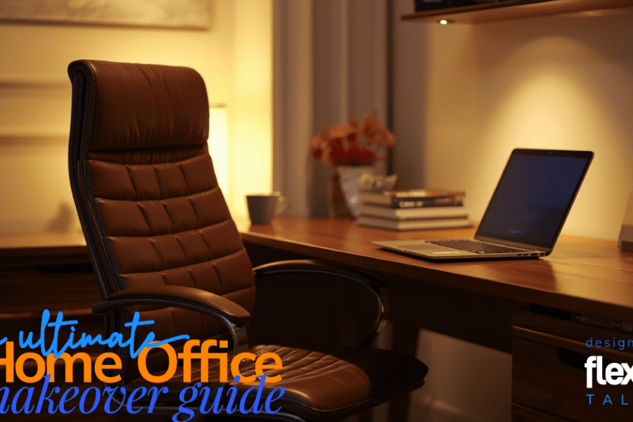 photo of a home office with a tan leather chair next to a desk with a laptop on it. The photo has the words "the ultimate home office makeover guide" in the lower left corner.