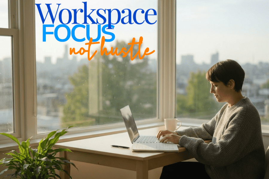 a woman sits at her office desk and focuses on her computer and notes