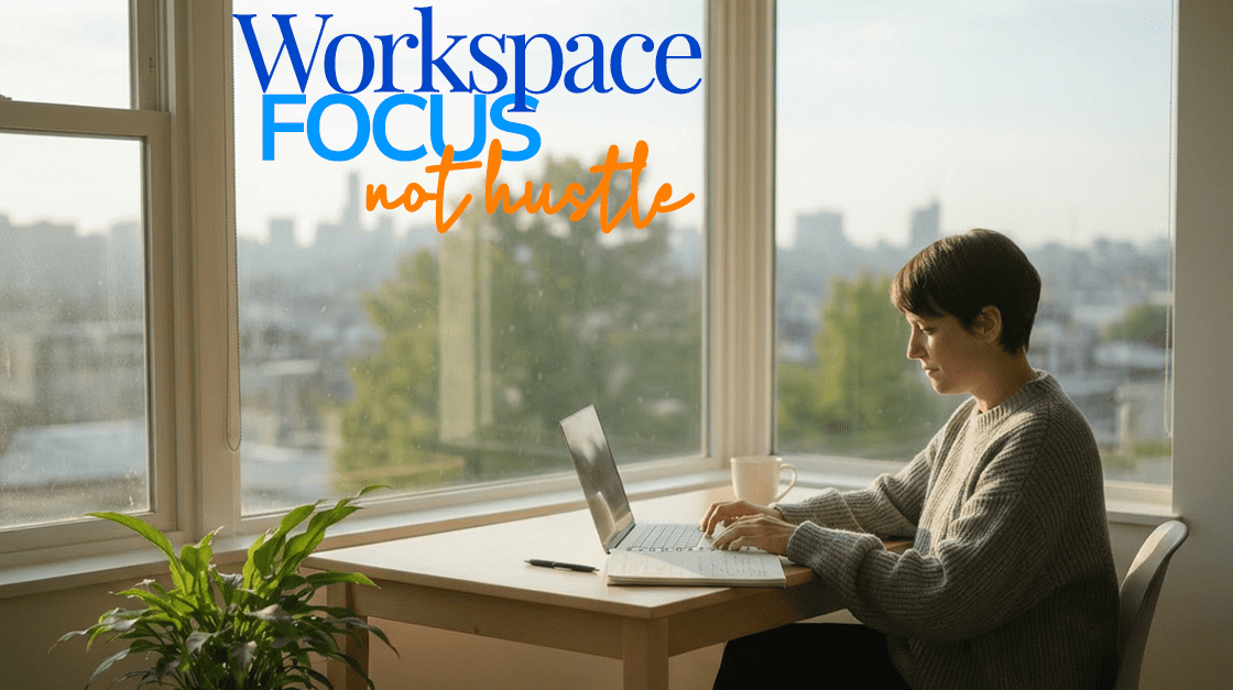 a woman sits at her office desk and focuses on her computer and notes