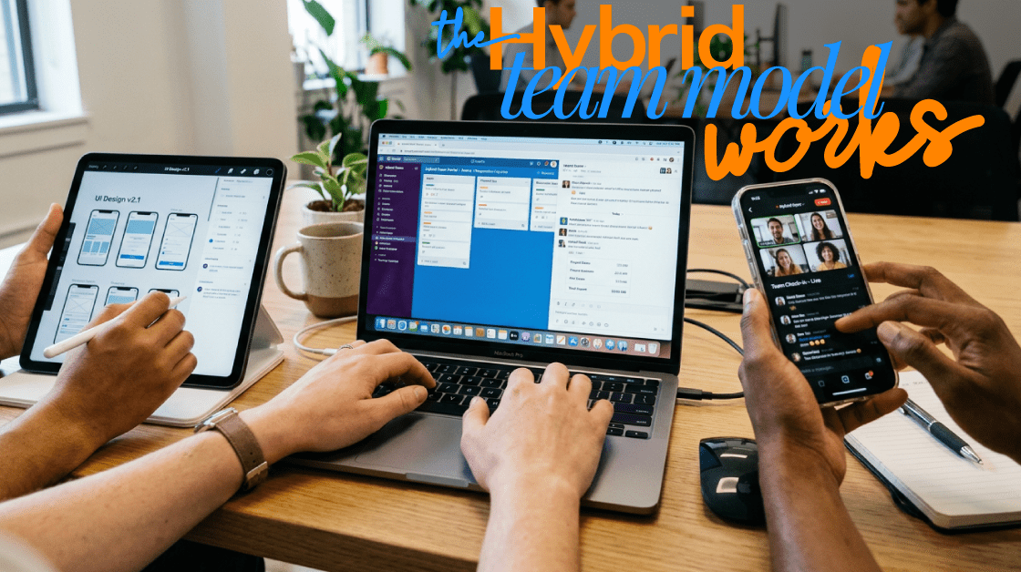 photo of 3 people working on different devices at the same table. Overlay of text says, "the hybrid team model works."