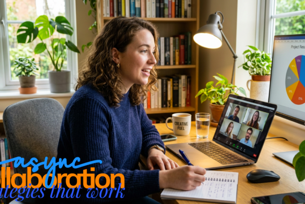 a photograph depicts asynchronous collaboration strategies. Showing a woman sitting at a desk taking notes while also looking at her laptop monitor and external display. her laptop shows a video-chat app, her other monitor displays a graph. The room filled with natural light from windows has plants, books, and a lamp in the frame.