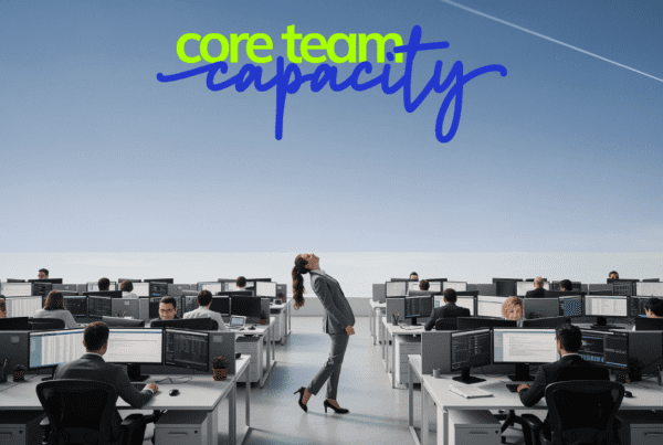 A woman walks with a strange lean through an office space that seems to have an invisible ceiling - illustrating the concept of a core team capacity being reached by hitting an invisible ceiling.