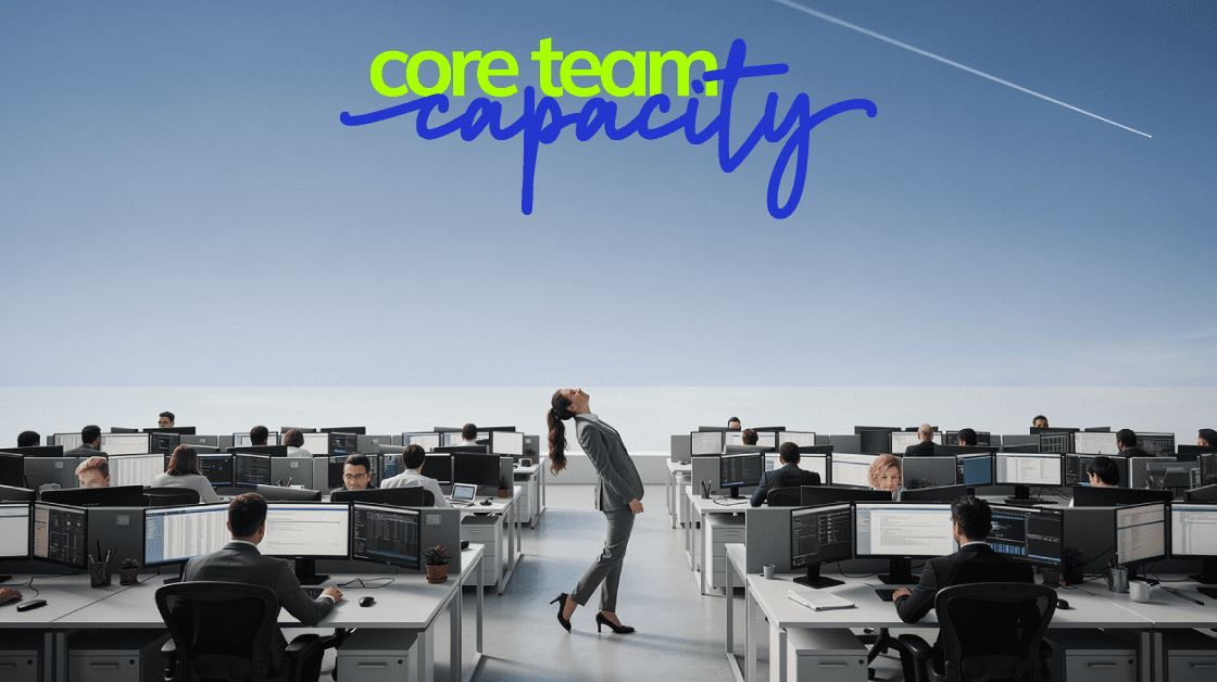 A woman walks with a strange lean through an office space that seems to have an invisible ceiling - illustrating the concept of a core team capacity being reached by hitting an invisible ceiling.