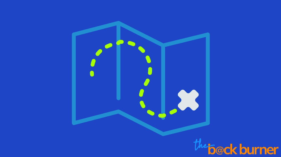 digital illustration of a treasure map with a gray X and a dotted green line to get to the X. It depicts how energy is in the making, not just the destination. The image is a light blue map on a field of dark blue.