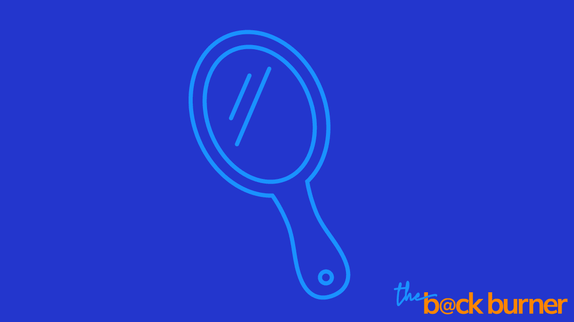a line drawing of a hand-held mirror. Touching on the theme of the piece, that your biggest competition is the person in the mirror