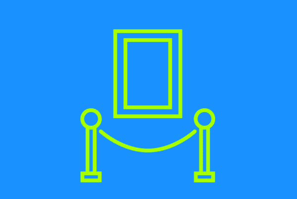Illustration of framed art behind a set of stanchions. The art and stanchions are bright green, they’re placed on a field of blue and represent the idea of curation.