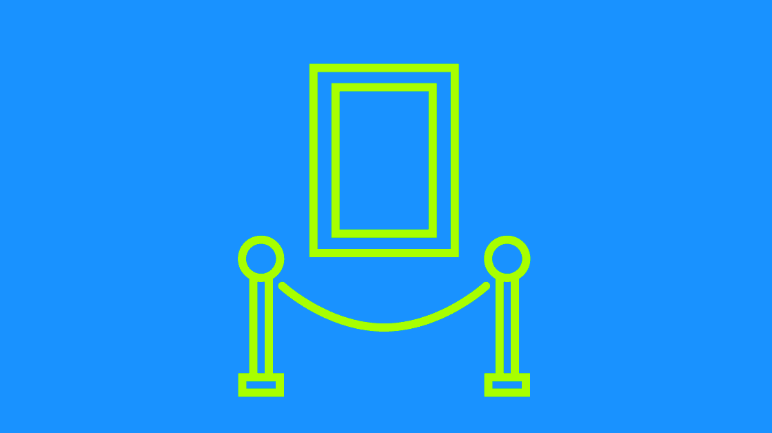 Illustration of framed art behind a set of stanchions. The art and stanchions are bright green, they’re placed on a field of blue and represent the idea of curation.