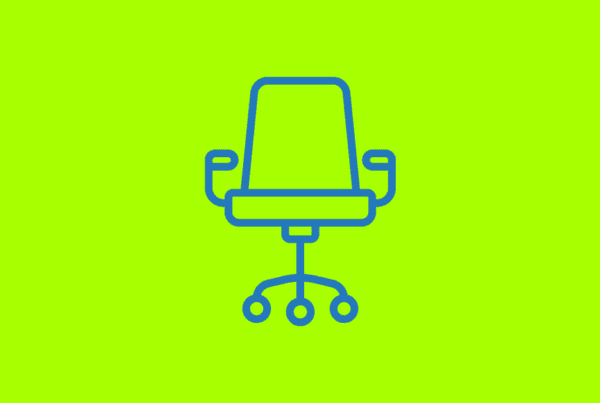 an illustration of an empty chair symbolizing the headcount trap. the chair is blue line-art on a field of bright green.