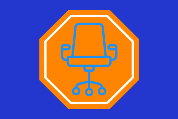line drawing of blue chair on top of stop sign; referring to the practice of job hugging