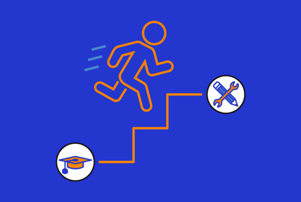 illustration depicting a person running up a set of stairs going from education to skills