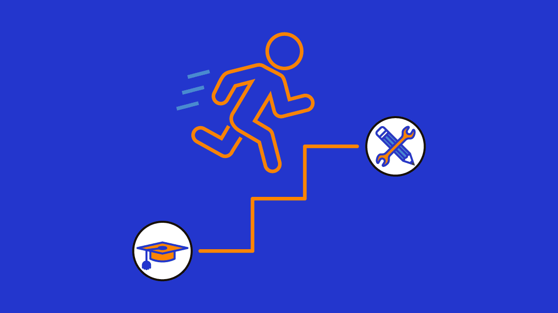 illustration depicting a person running up a set of stairs going from education to skills