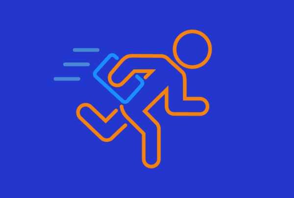 task-masking illustrated as a person running with laptop under their arm. The person is an outline in orange with a light blue laptop.