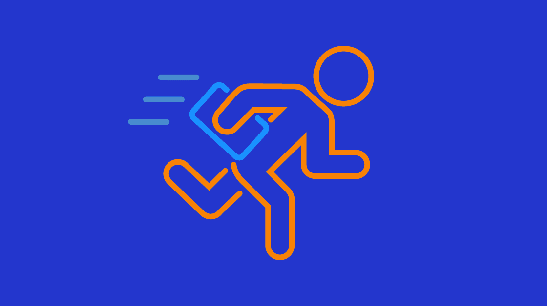 task-masking illustrated as a person running with laptop under their arm. The person is an outline in orange with a light blue laptop.