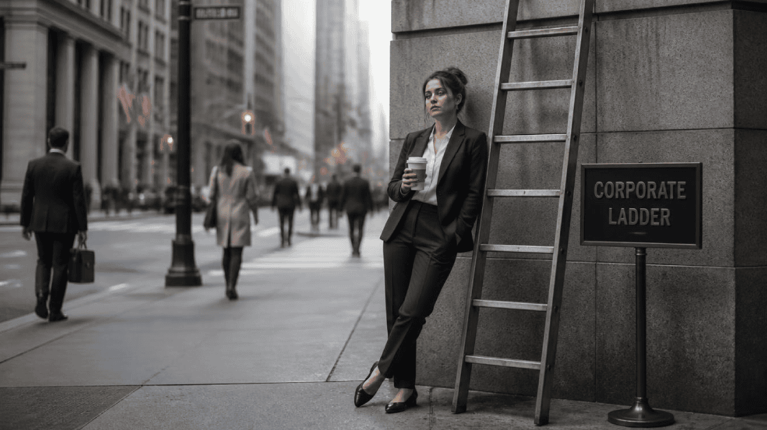 a woman in a business suit stands on a sidewalk outside an office building. She is leaning against a ladder labeled "Corporate Ladder." She holds a coffee and looks disinterested.