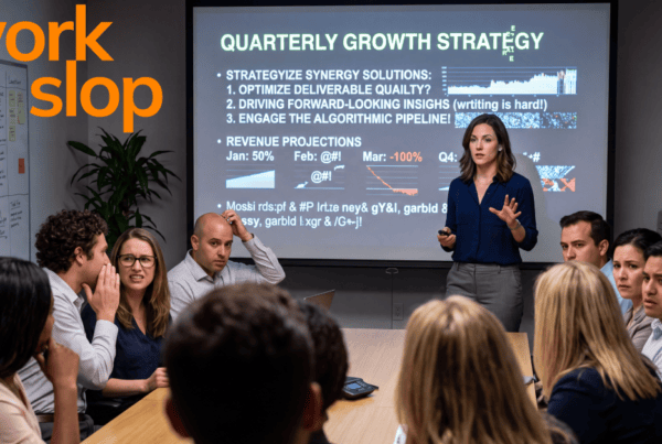photograph showing the concept of workslop. A business woman presents to coworkers with a slide presentation displayed behind her that has typos and gibberish.