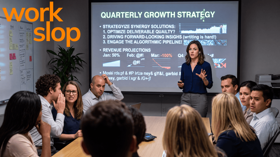 photograph showing the concept of workslop. A business woman presents to coworkers with a slide presentation displayed behind her that has typos and gibberish.