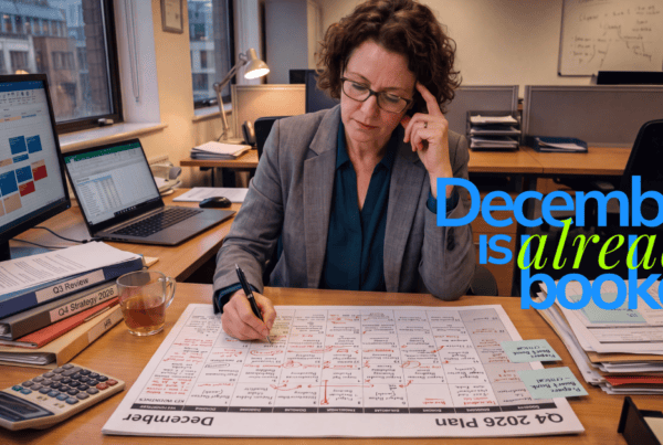 photo depicting year-end contingent workforce benefit. Image shows a female manager staring at a December planning calendar, the calendar is already full of tasks. The words on the image state "December is already booked"