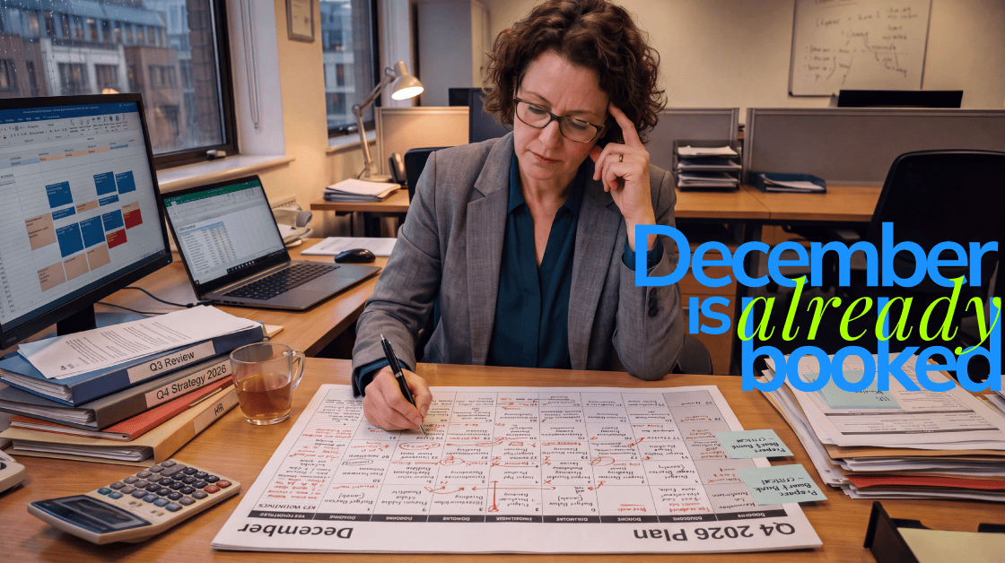photo depicting year-end contingent workforce benefit. Image shows a female manager staring at a December planning calendar, the calendar is already full of tasks. The words on the image state "December is already booked"